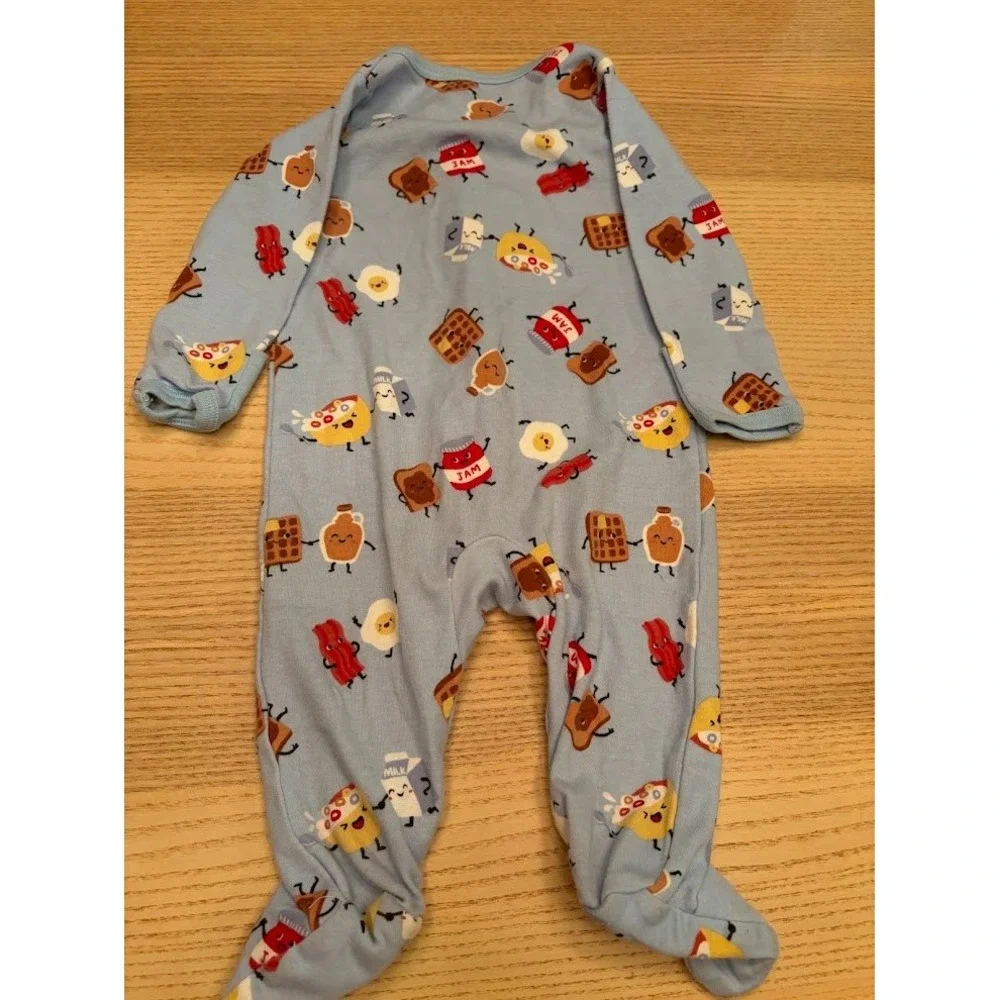 Wonder Nation Baby Boys Blue Breakfast Food Print Footed Sleeper Pajamas 0-3M